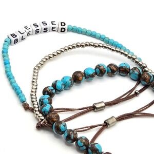Set of 3 Bracelets Blue Turquoise Siderolite Silvertone Blessed Slide Clasp Cord